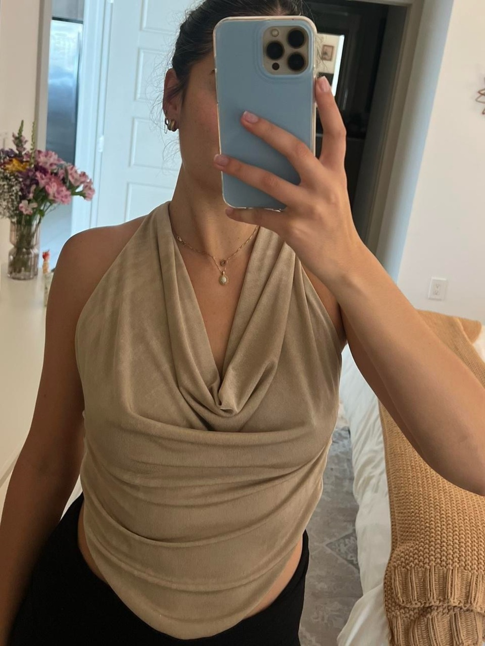 Vintage Taupe Cowl Neck Backless Top